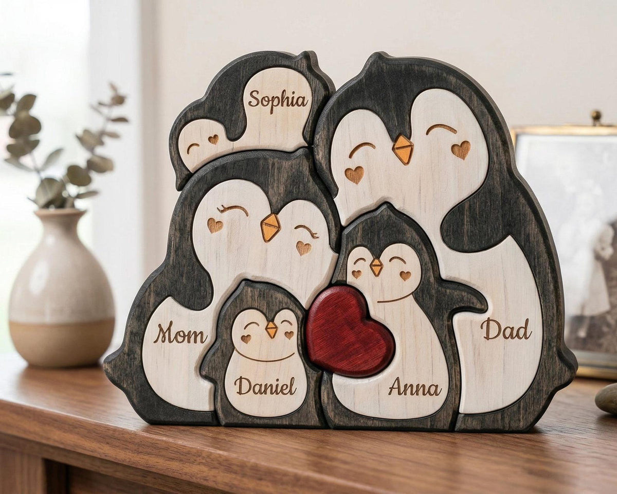 Personalized Penguin Family Wooden Puzzle, Custom Name Animal Family Decor, Mom Keepsake Gift, Mothers Day Gift, New Mom Desk Decor