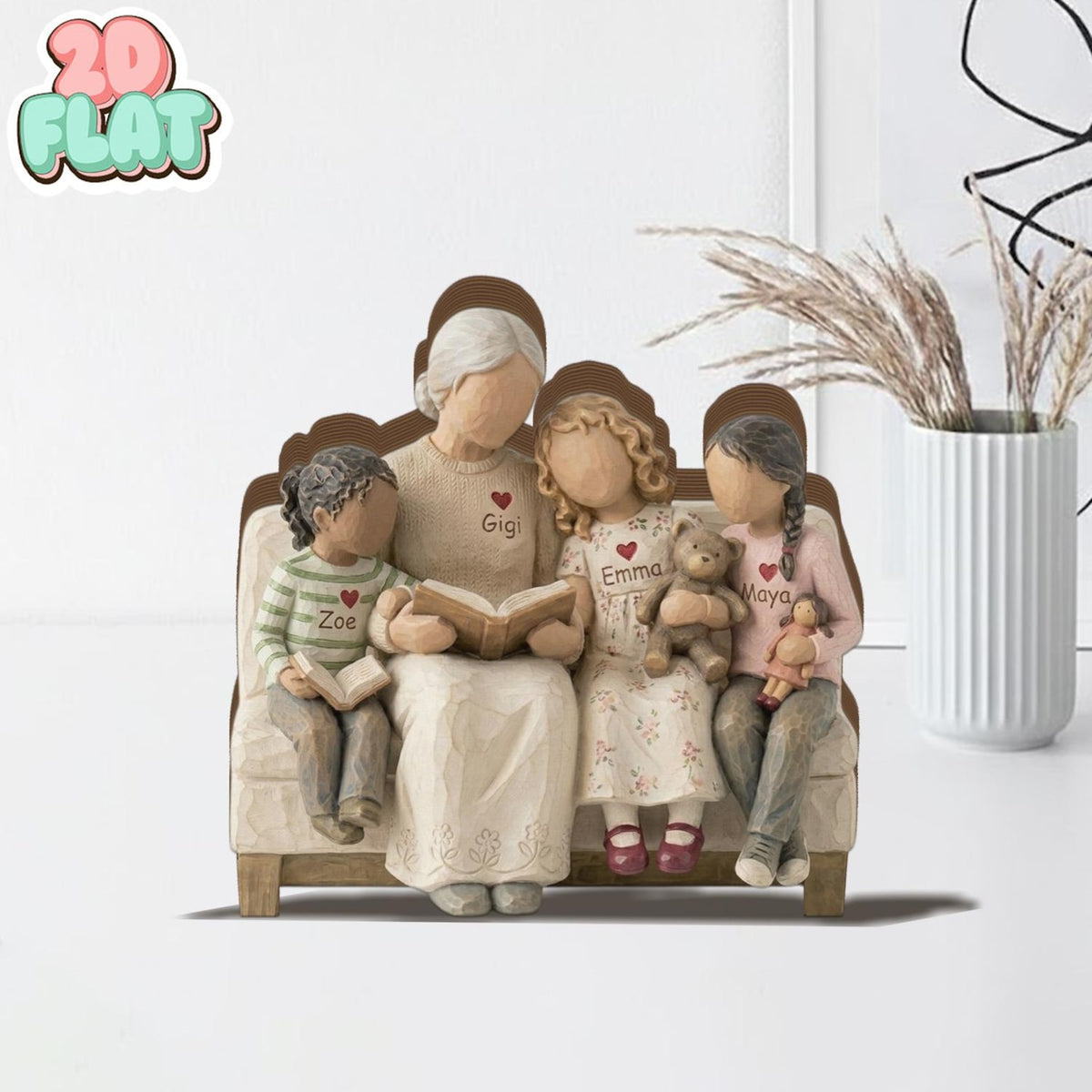Personalized Grandma 2D FLAT Wooden Block, Grandmother With Grandkids,Custom Family Keepsake, Mothers Day Gift For Grandma,Nana Reading Kids