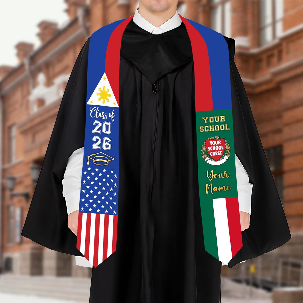 Custom Country Flag Graduation Stoles, Mixed Three Flags Grad Sash, Personalized Class of 2026 Stole, National Flags Gift for New Graduate