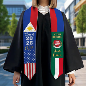 Custom Country Flag Graduation Stoles, Mixed Three Flags Grad Sash, Personalized Class of 2026 Stole, National Flags Gift for New Graduate