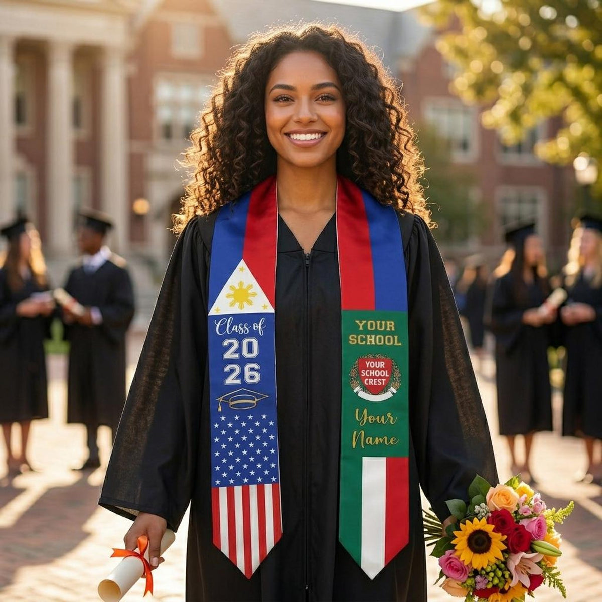 Custom Country Flag Graduation Stoles, Mixed Three Flags Grad Sash, Personalized Class of 2026 Stole, National Flags Gift for New Graduate