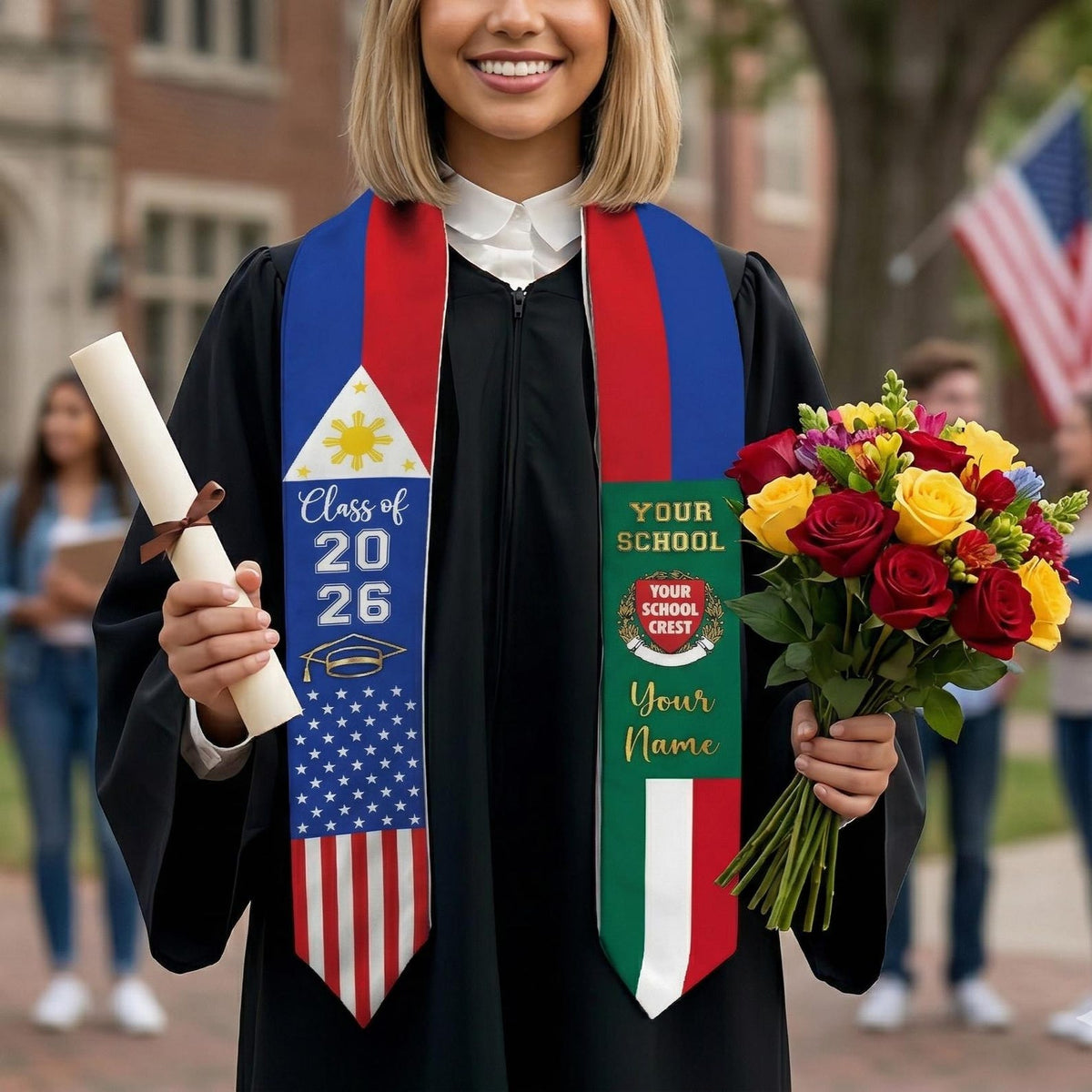 Custom Country Flag Graduation Stoles, Mixed Three Flags Grad Sash, Personalized Class of 2026 Stole, National Flags Gift for New Graduate