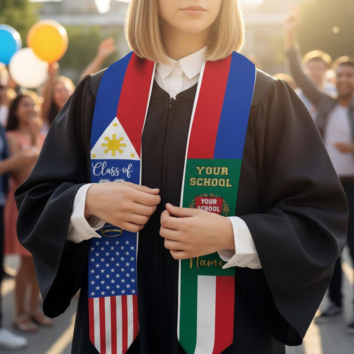 Custom Country Flag Graduation Stoles, Mixed Three Flags Grad Sash, Personalized Class of 2026 Stole, National Flags Gift for New Graduate