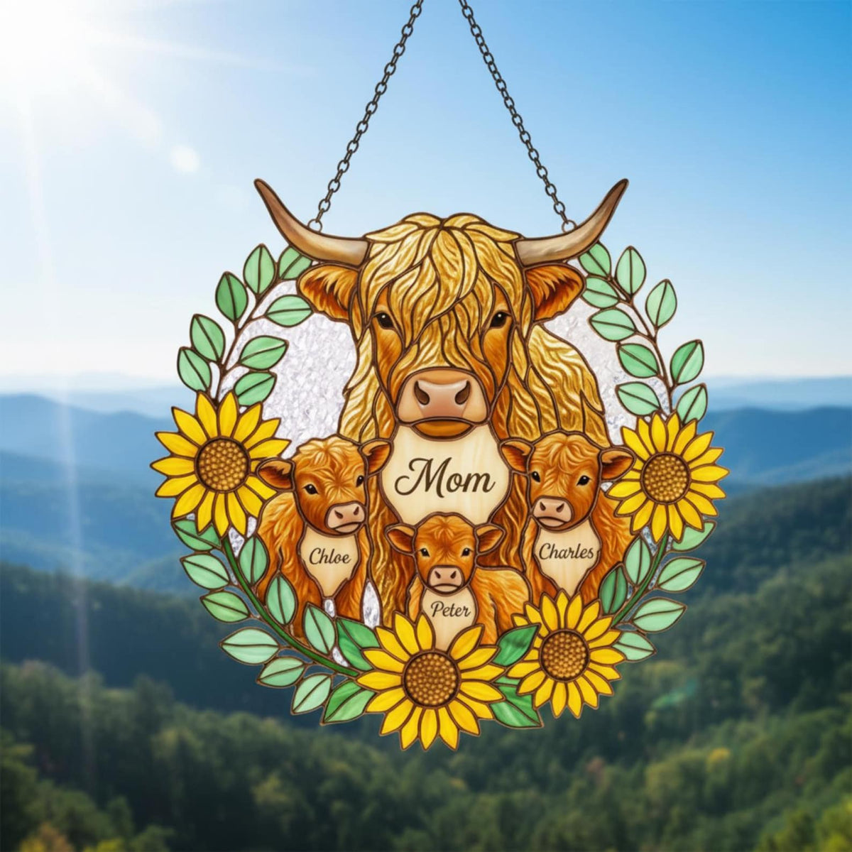 Personalized Highland Cow Family Acrylic Suncatcher, Custom Names Sunflower Decor, Mother's Day Gift for Mom Grandma