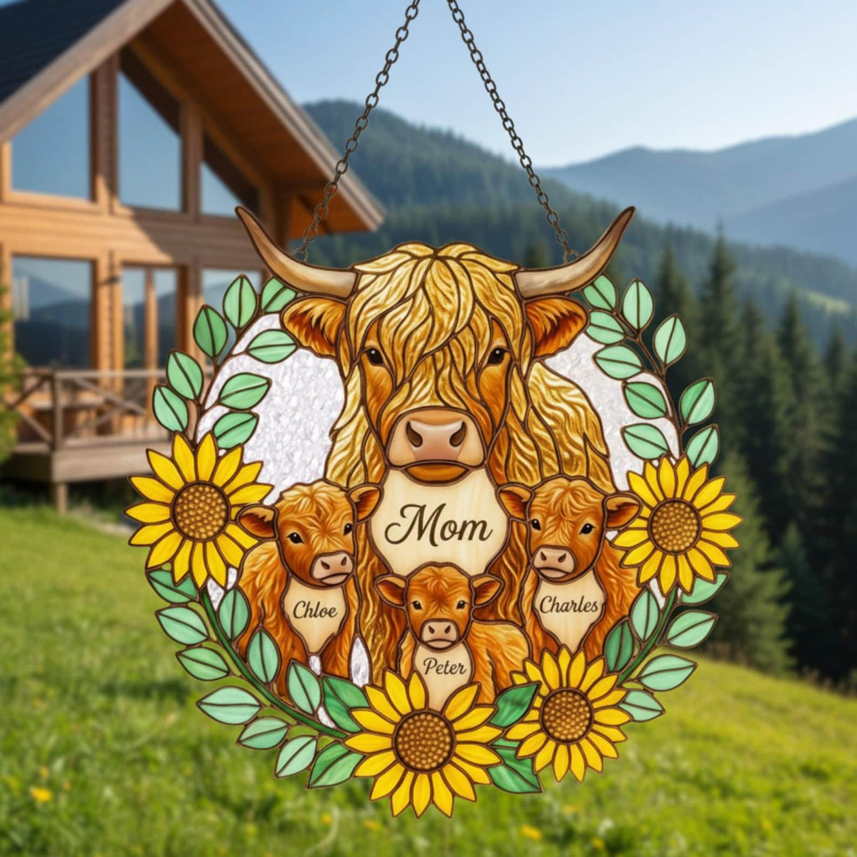 Personalized Highland Cow Family Acrylic Suncatcher, Custom Names Sunflower Decor, Mother's Day Gift for Mom Grandma