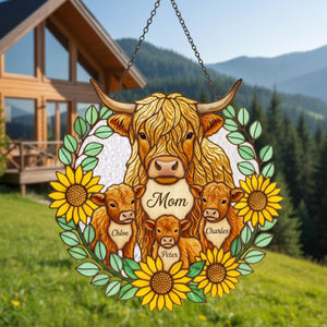 Personalized Highland Cow Family Acrylic Suncatcher, Custom Names Sunflower Decor, Mother's Day Gift for Mom Grandma