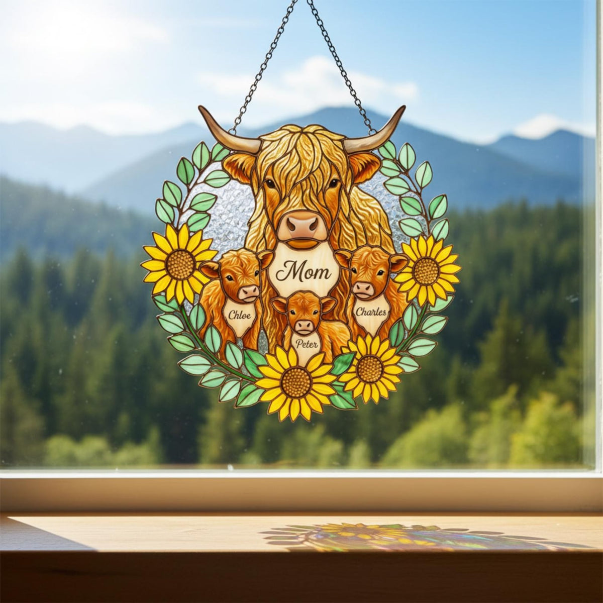 Personalized Highland Cow Family Acrylic Suncatcher, Custom Names Sunflower Decor, Mother's Day Gift for Mom Grandma