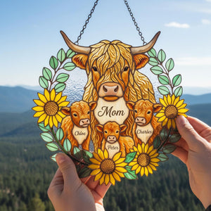 Personalized Highland Cow Family Acrylic Suncatcher, Custom Names Sunflower Decor, Mother's Day Gift for Mom Grandma