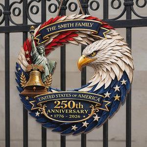 Personalized America 250th Anniversary Wood Wreath 1776-2026 Patriotic Door Sign Semiquincentennial Family Name Decor