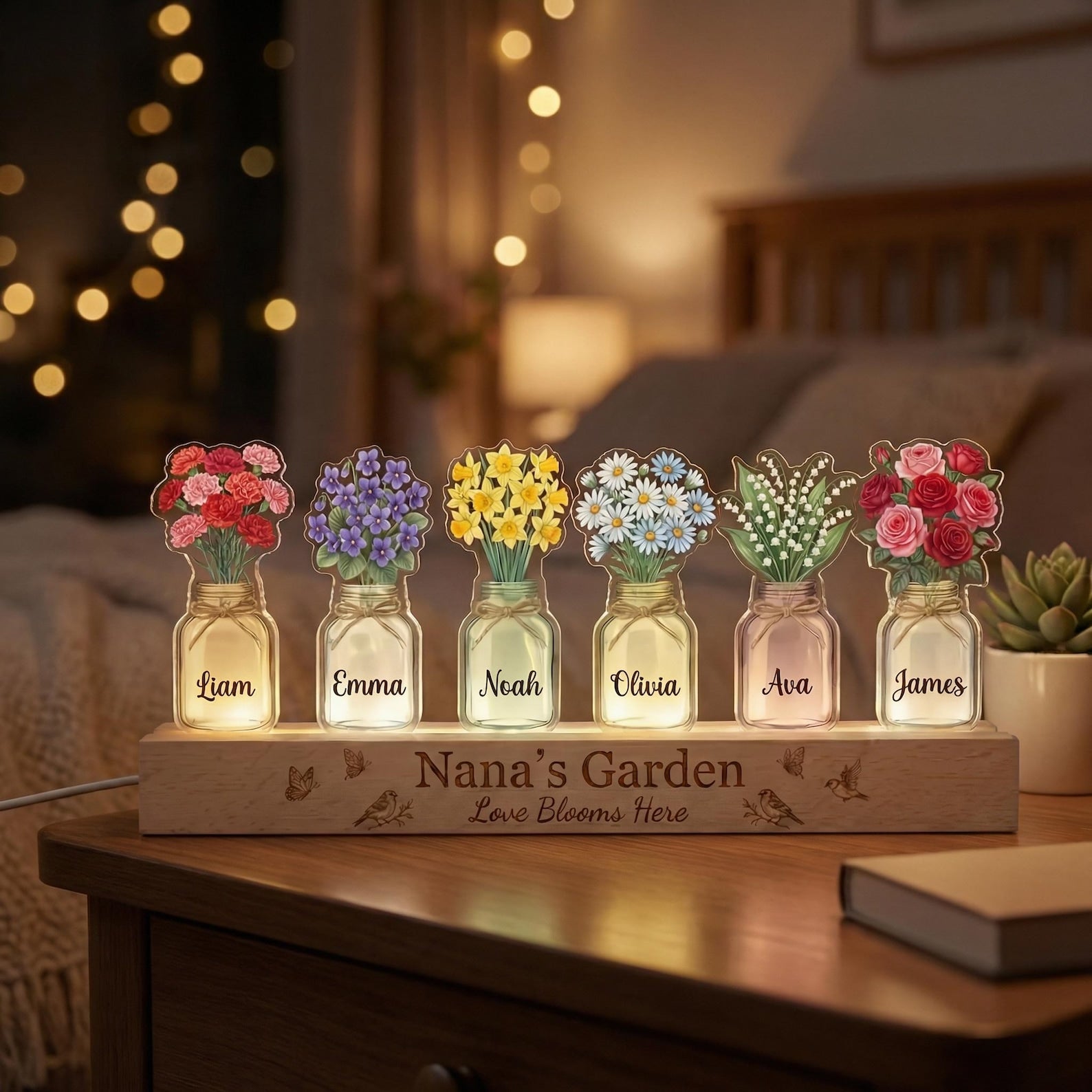 Custom Grandma's Garden Birth Month Flowers Night Light, Acrylic LED Light, Mother Lamp, Grandma Gift from Grandkids, Mother's Day Gift