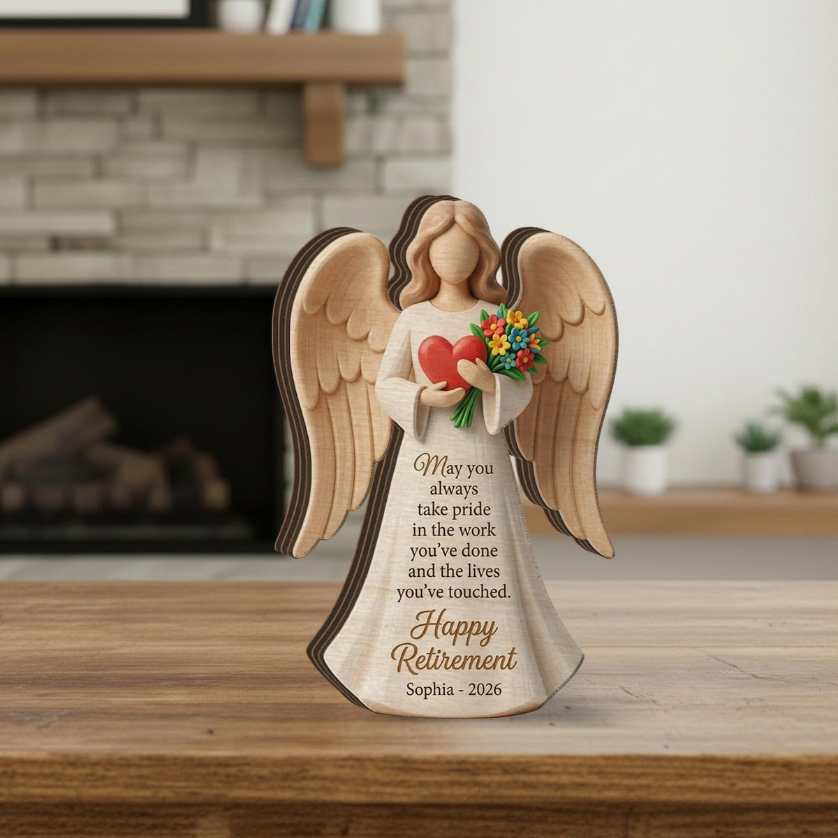 Personalized Retirement Angel Wooden Block: Custom Name Heart Floral Figurine
