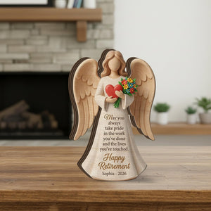 Personalized Retirement Angel Wooden Block: Custom Name Heart Floral Figurine
