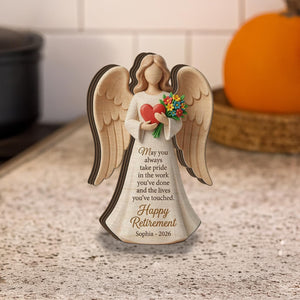 Personalized Retirement Angel Wooden Block: Custom Name Heart Floral Figurine