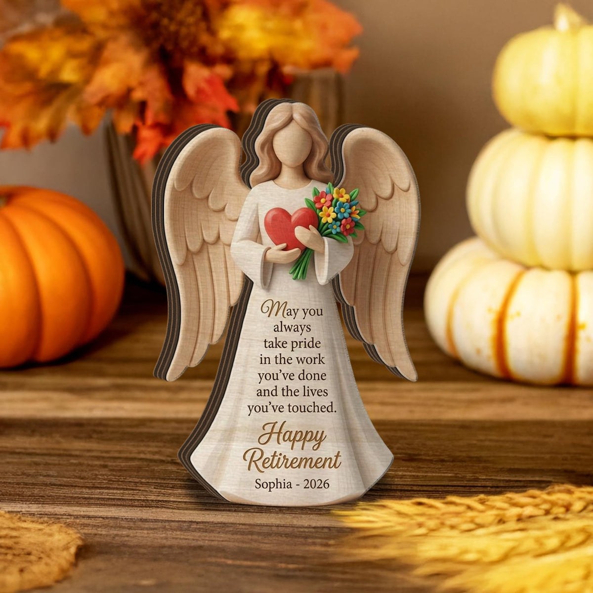 Personalized Retirement Angel Wooden Block: Custom Name Heart Floral Figurine