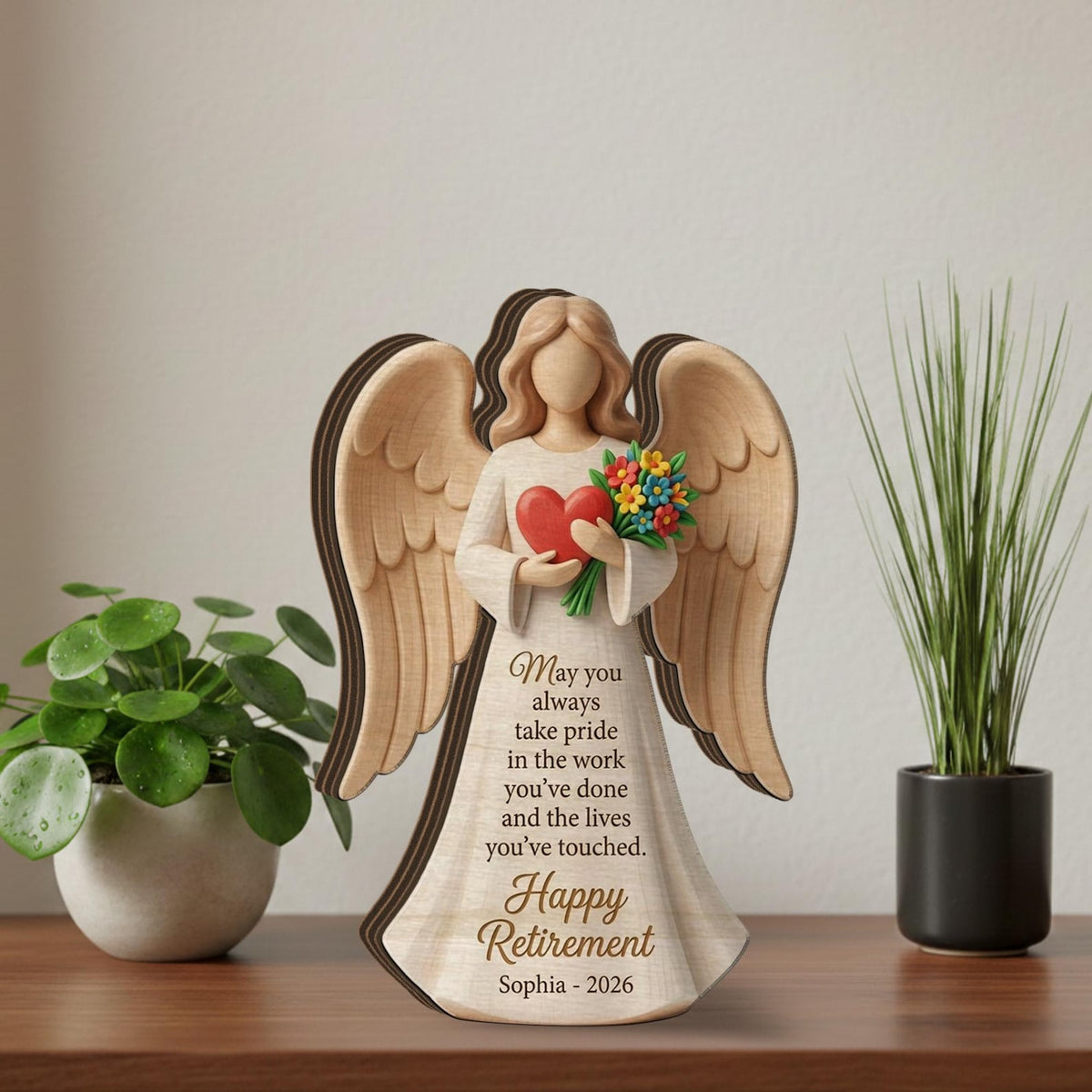Personalized Retirement Angel Wooden Block: Custom Name Heart Floral Figurine