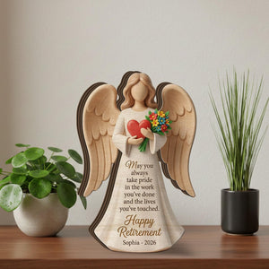 Personalized Retirement Angel Wooden Block: Custom Name Heart Floral Figurine