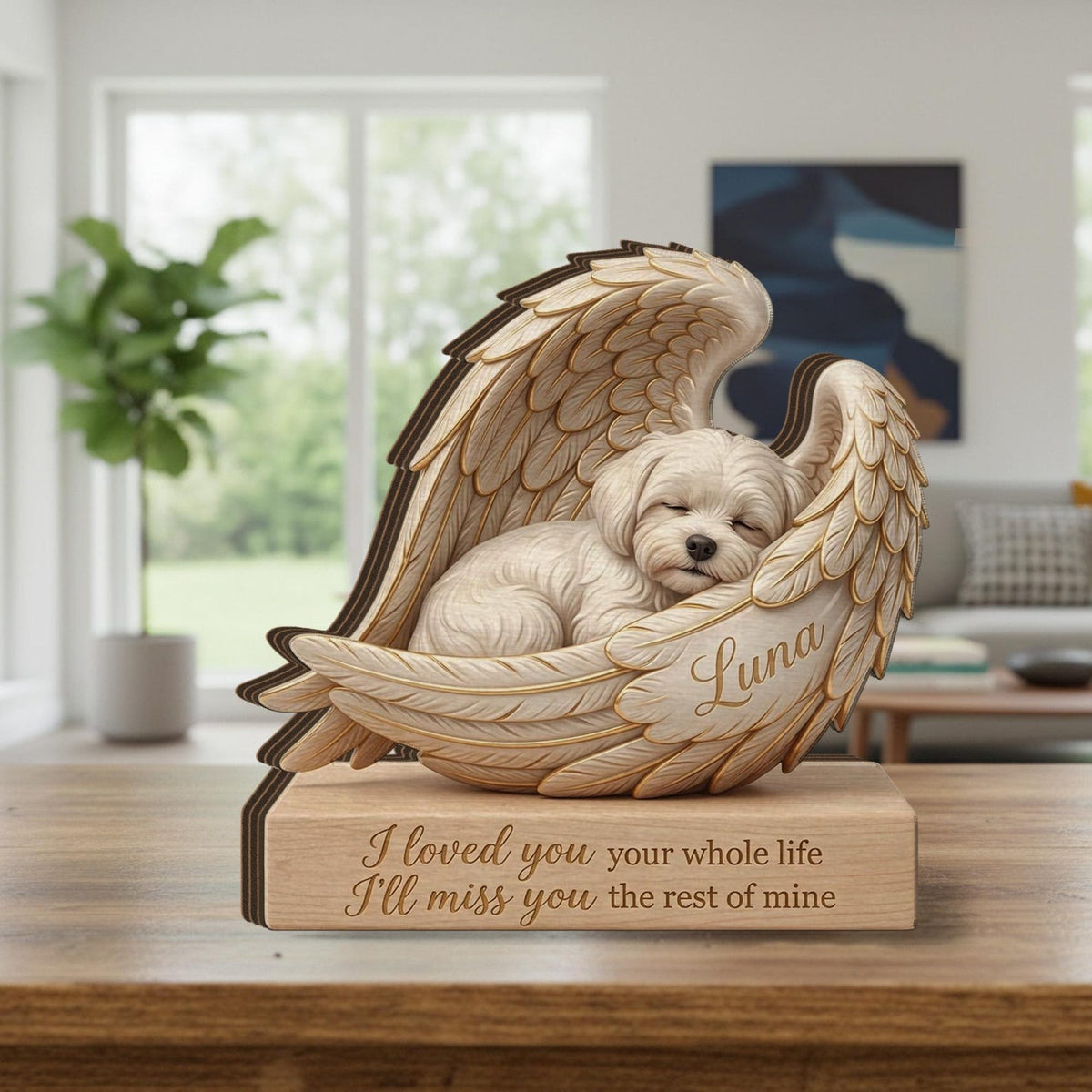 Personalized Wood Pet Memorial Block: Custom Angel Wing Dog Portrait Stand, Pet Sympathy Gift