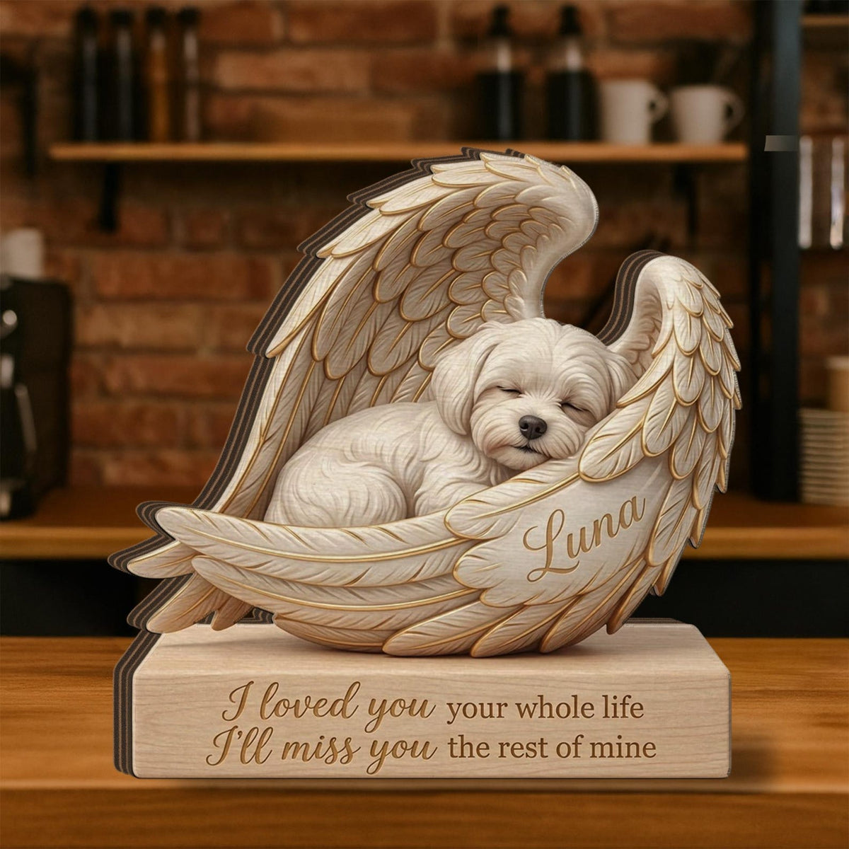 Personalized Wood Pet Memorial Block: Custom Angel Wing Dog Portrait Stand, Pet Sympathy Gift