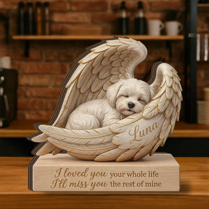 Personalized Wood Pet Memorial Block: Custom Angel Wing Dog Portrait Stand, Pet Sympathy Gift