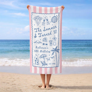 Custom Birthday Trip Beach Towel, Personalized Vacation Gift, Summer I Turned 30 40 50 Beach Towel, Family Trip Towel, Birthday Gift for Mom