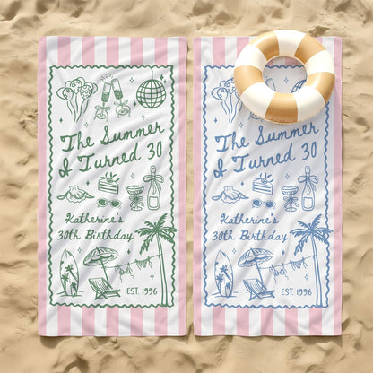 Custom Birthday Trip Beach Towel, Personalized Vacation Gift, Summer I Turned 30 40 50 Beach Towel, Family Trip Towel, Birthday Gift for Mom