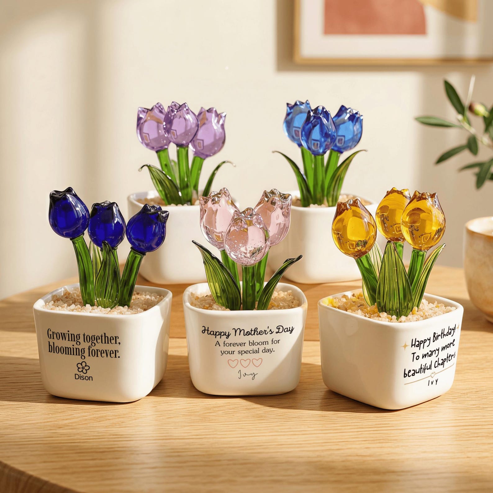 Personalized Glass Tulip, Custom Mother's Day Gift for Mom, Best Friend Birthday Present, Miniature Floral Desk Decor