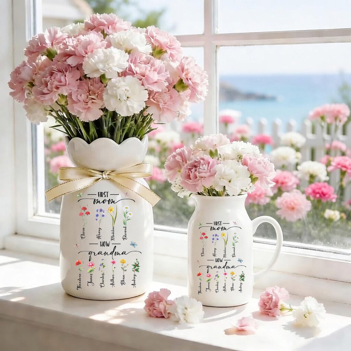 Custom First Mom Now Grandma Vase, Personalized Birth Month Flower Ceramic Jug, Mothers Day Gift For Nana, Grandma Garden Pitcher Decor