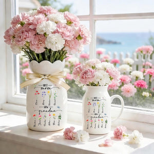 Custom First Mom Now Grandma Vase, Personalized Birth Month Flower Ceramic Jug, Mothers Day Gift For Nana, Grandma Garden Pitcher Decor