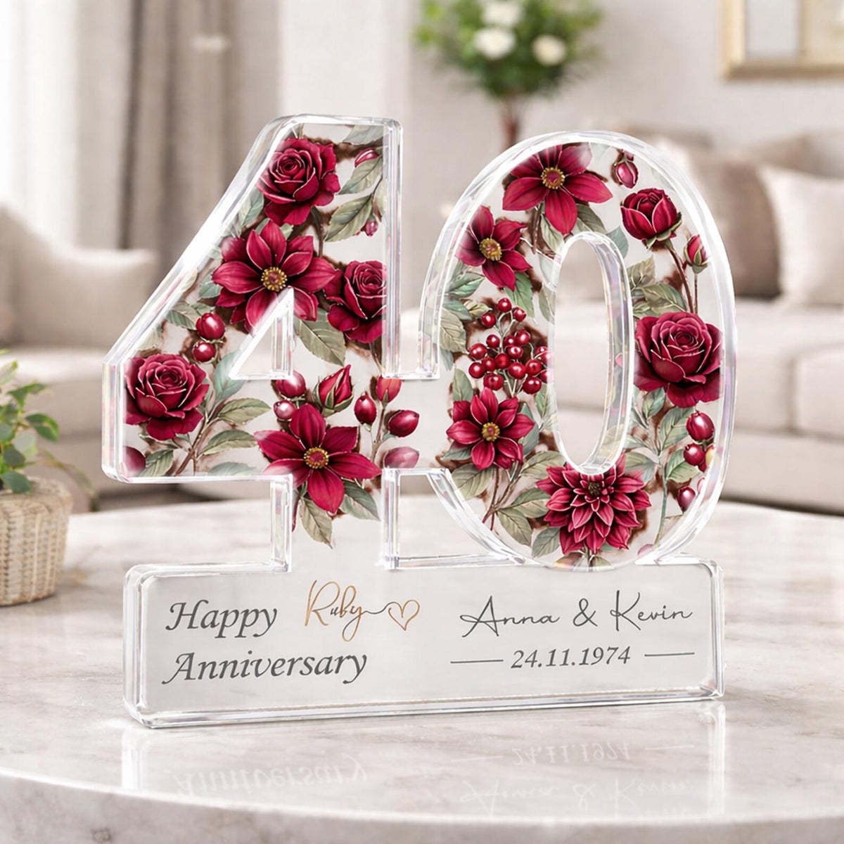 Personalized 40th Anniversary Gift, Ruby Anniversary Acrylic Block, Custom Name Date Wedding Keepsake, Ruby Wedding Gift for Parents Couple