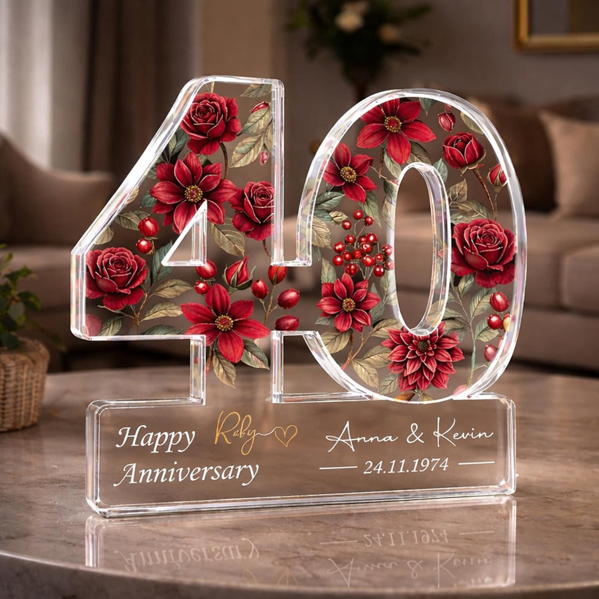 Personalized 40th Anniversary Gift, Ruby Anniversary Acrylic Block, Custom Name Date Wedding Keepsake, Ruby Wedding Gift for Parents Couple