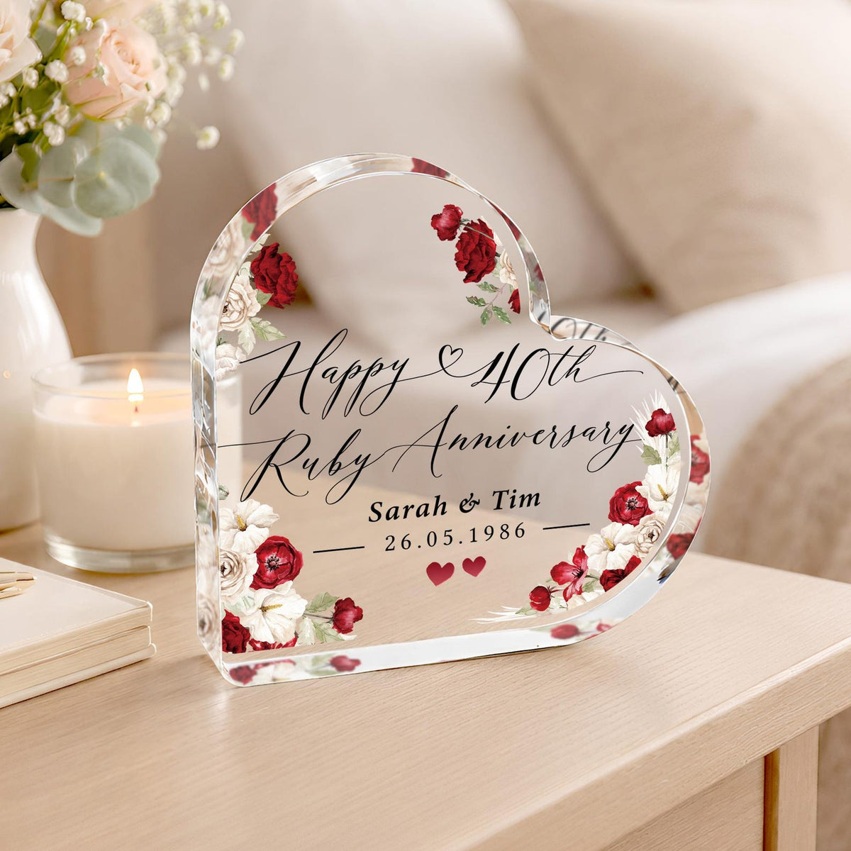 Personalised 40th Anniversary Gift Plaque, Ruby Anniversary Keepsake Frame, Polished Acrylic Heart Block