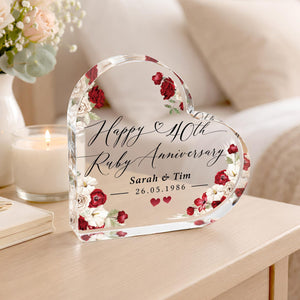 Personalised 40th Anniversary Gift Plaque, Ruby Anniversary Keepsake Frame, Polished Acrylic Heart Block
