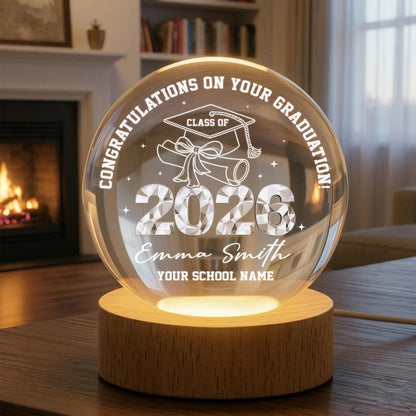 Personalized Class of 2026 Crystal Globe Lamp, Custom Graduation Gift 3D Night Light