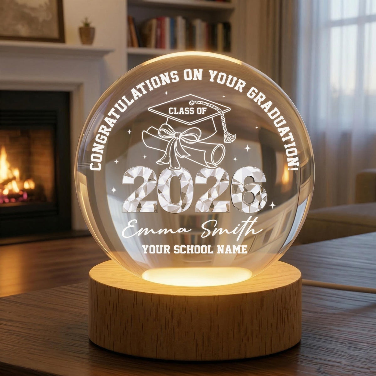 Personalized Class of 2026 Crystal Globe Lamp, Custom Graduation Gift 3D Night Light