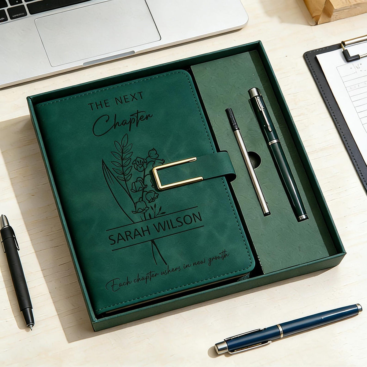 The Next Chapter Journal, Custom Engraved Leather Notebook Set with Pen, University Graduation Gift, Class of 2026 Keepsake, High School