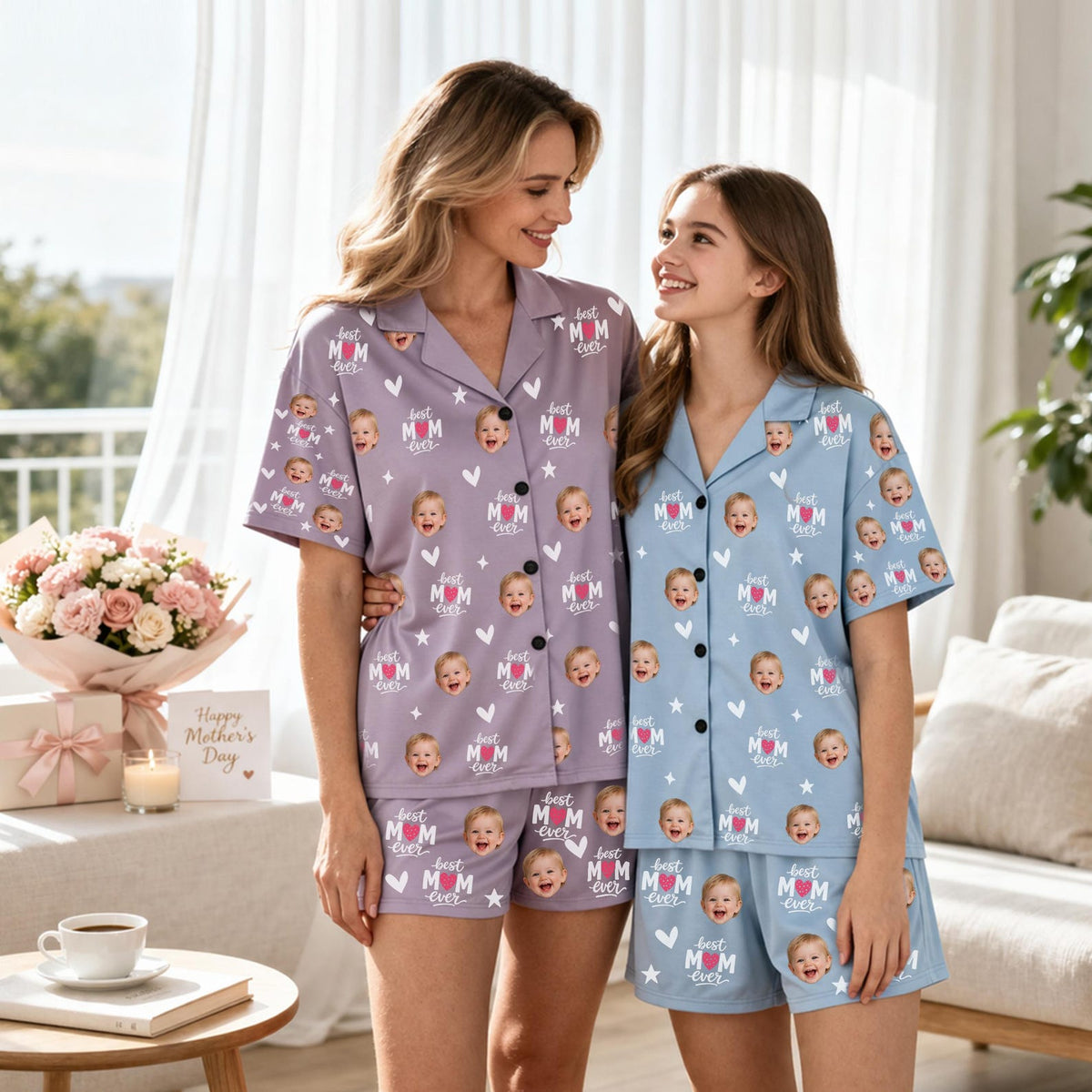 Personalized Mother's Day Pajamas, Best Mom Ever Pajamas, Custom Photo Short Sleeve PJs, Face or Pet Print Sleepwear, Matching Family Gift