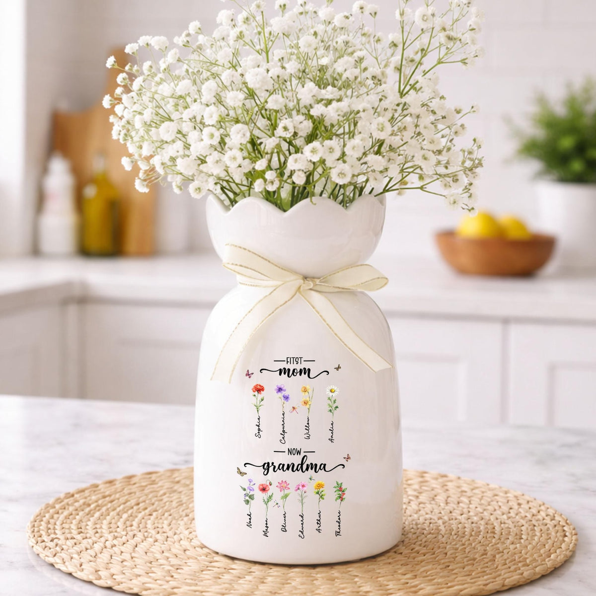 Custom First Mom Now Grandma Ceramic Flower Vase, Birth Month Flower Vase, Grandmas Garden Vase, Birthday Gift for Mom Nana,Mothers Day Gift