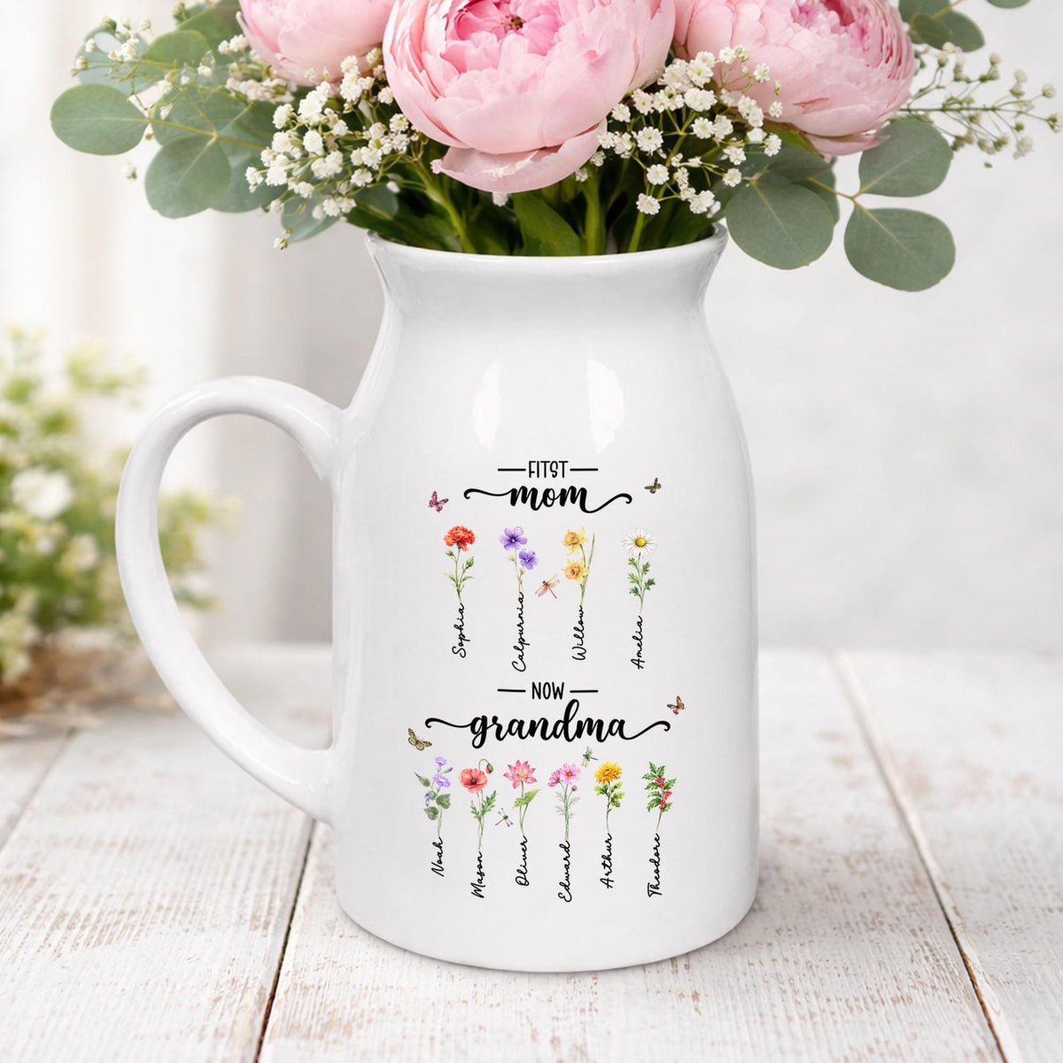 Custom First Mom Now Grandma Ceramic Flower Vase, Birth Month Flower Vase, Grandmas Garden Vase, Birthday Gift for Mom Nana,Mothers Day Gift