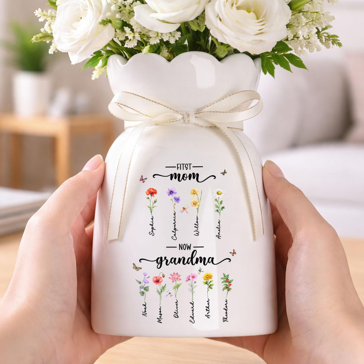 Custom First Mom Now Grandma Ceramic Flower Vase, Birth Month Flower Vase, Grandmas Garden Vase, Birthday Gift for Mom Nana,Mothers Day Gift