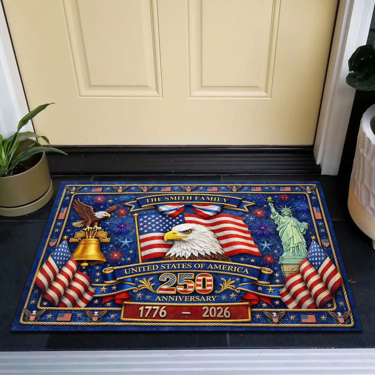 Personalized USA 250th Anniversary Doormat, Custom Family Name Patriotic Welcome Mat