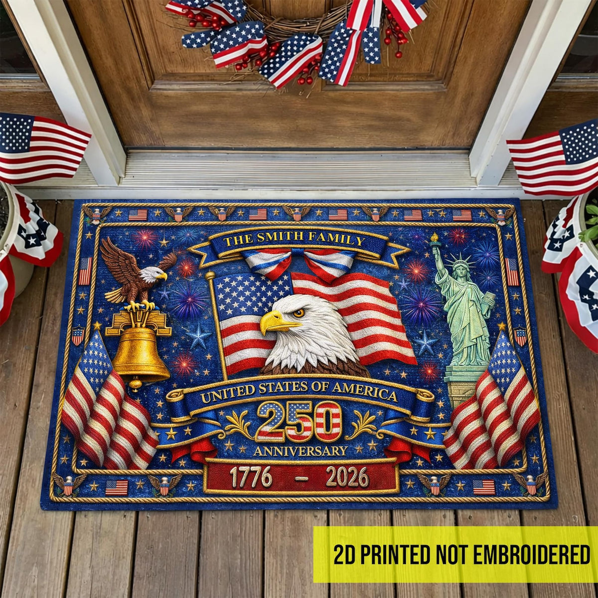 Personalized USA 250th Anniversary Doormat, Custom Family Name Patriotic Welcome Mat
