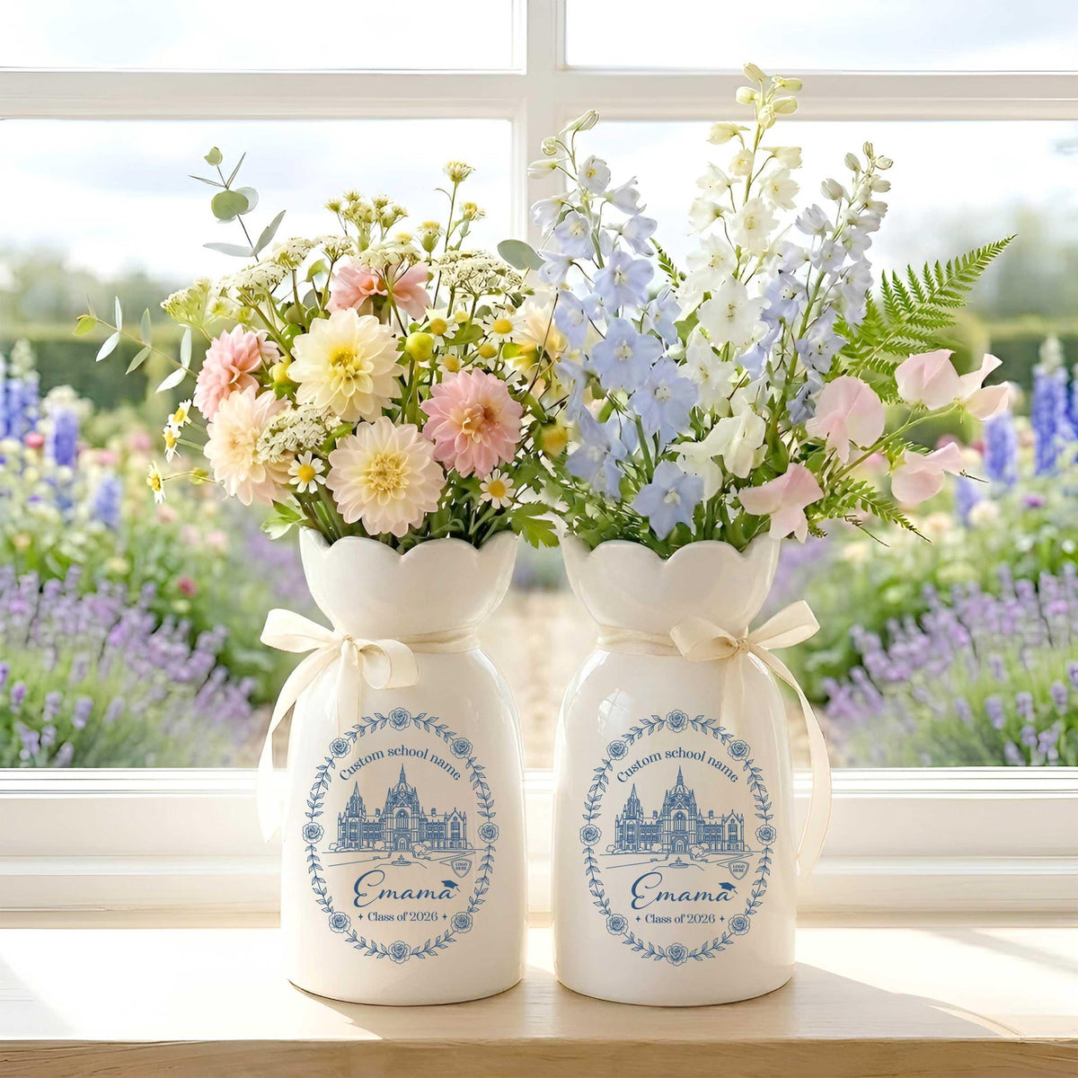 Personalized University College Portrait Vase, Graduation Ceramic Vase, Class of 2026 Graduation Gift for Daughter, Logo Flower Vase