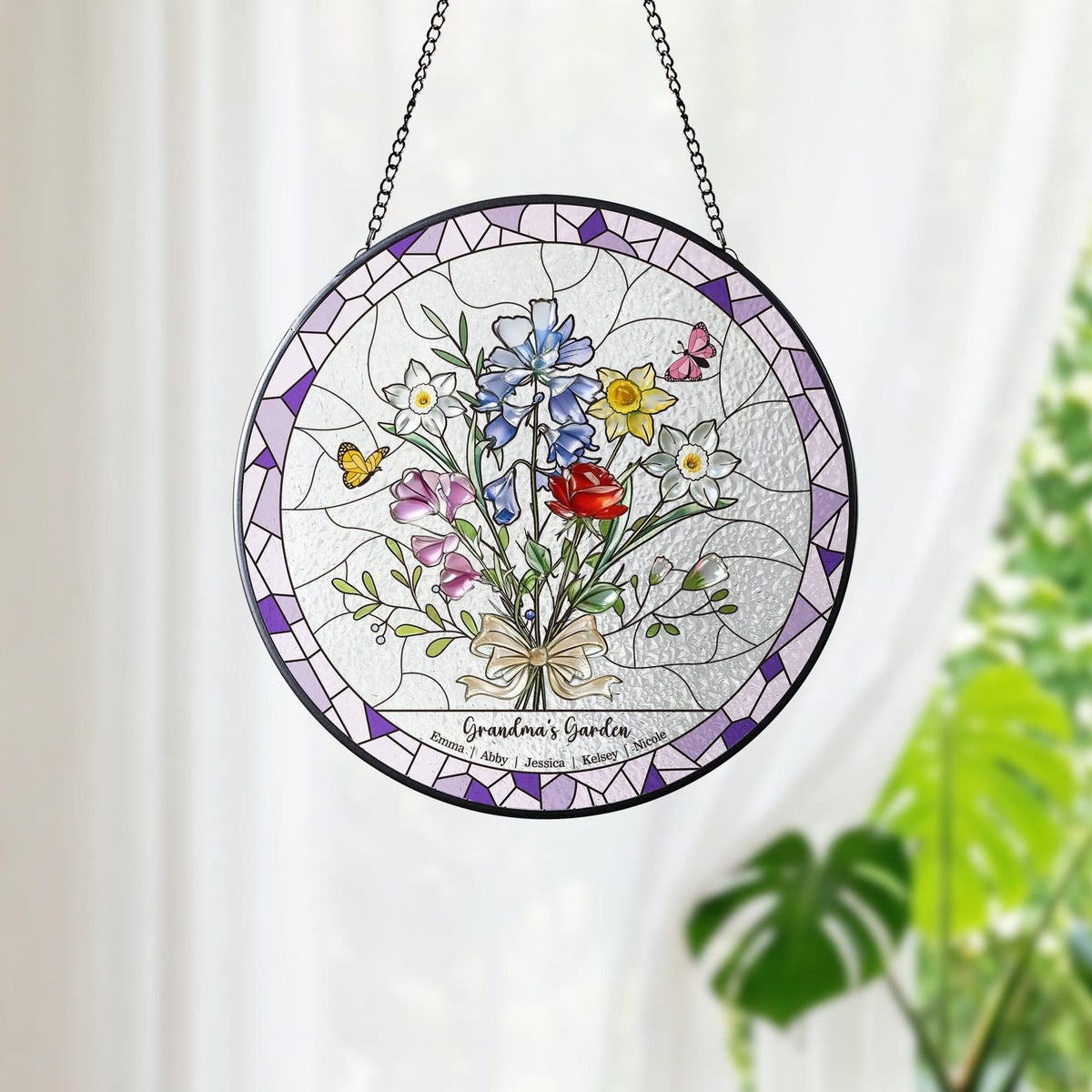 Personalized Birth Flower Stained Glass Suncatcher , Family Bouquet Window Hanging, Mothers Day Gift for Mom or Grandma