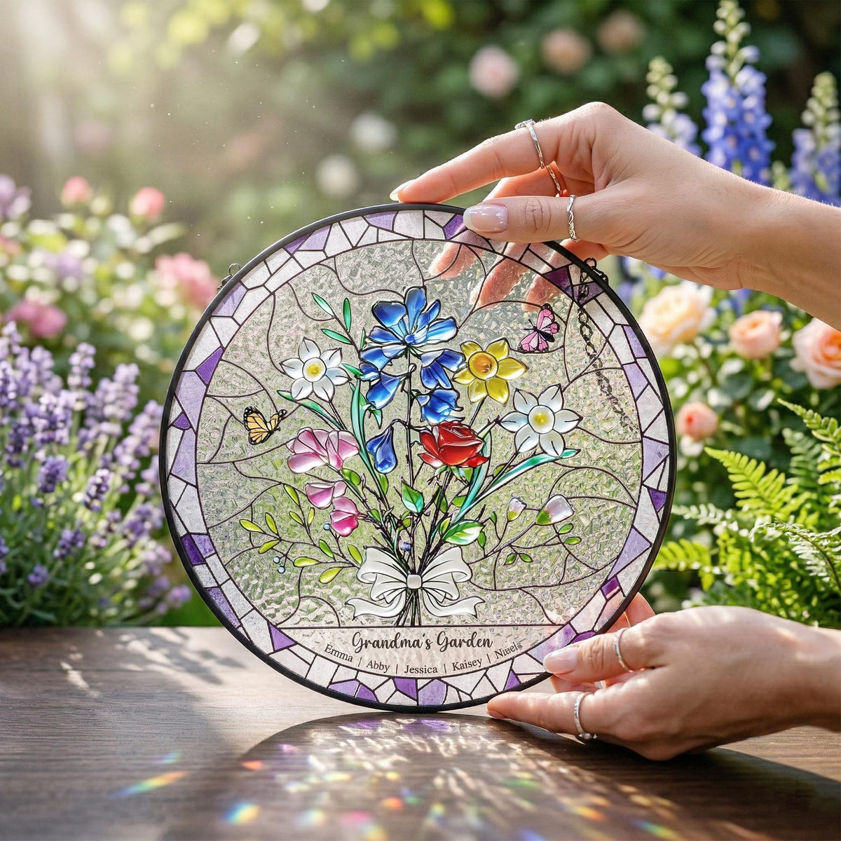 Personalized Birth Flower Stained Glass Suncatcher , Family Bouquet Window Hanging, Mothers Day Gift for Mom or Grandma