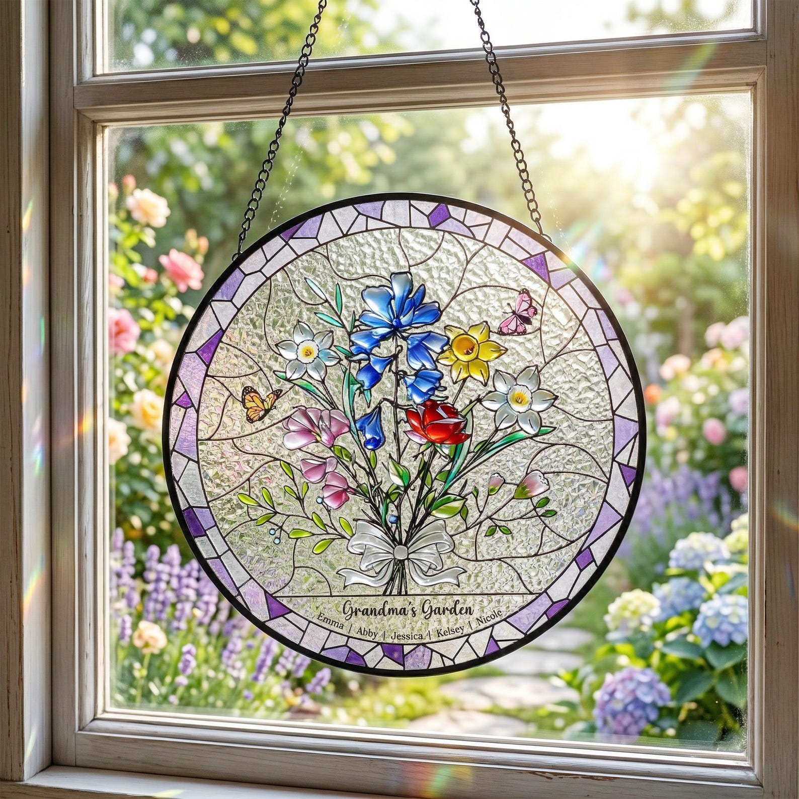 Personalized Birth Flower Stained Glass Suncatcher , Family Bouquet Window Hanging, Mothers Day Gift for Mom or Grandma