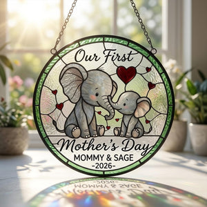 Personalized First Mother's Day Elephant Stained Glass Suncatcher, Custom Name Window Hanging Art Keepsake, Mother's Day Gift For Her
