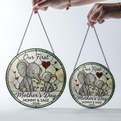 Personalized First Mother's Day Elephant Stained Glass Suncatcher, Custom Name Window Hanging Art Keepsake, Mother's Day Gift For Her