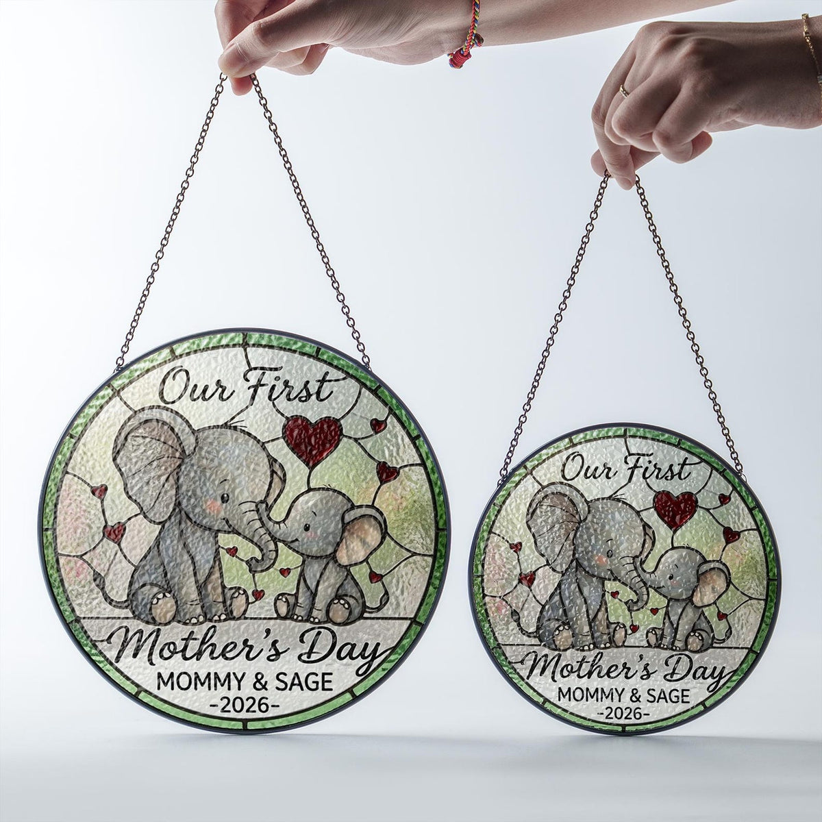 Personalized First Mother's Day Elephant Stained Glass Suncatcher, Custom Name Window Hanging Art Keepsake, Mother's Day Gift For Her