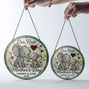 Personalized First Mother's Day Elephant Stained Glass Suncatcher, Custom Name Window Hanging Art Keepsake, Mother's Day Gift For Her