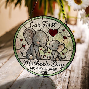 Personalized First Mother's Day Elephant Stained Glass Suncatcher, Custom Name Window Hanging Art Keepsake, Mother's Day Gift For Her